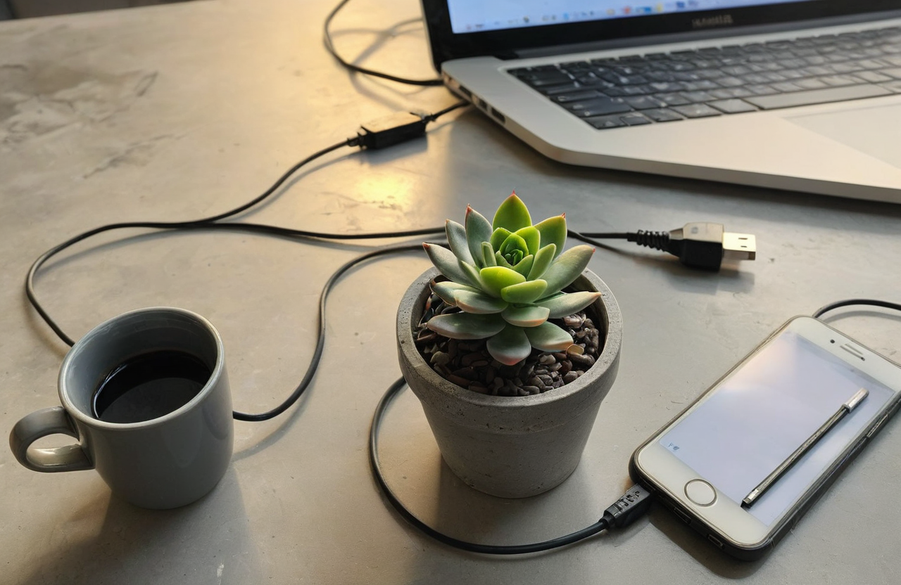 A small succulent in a concrete pot on a cluttered desk
