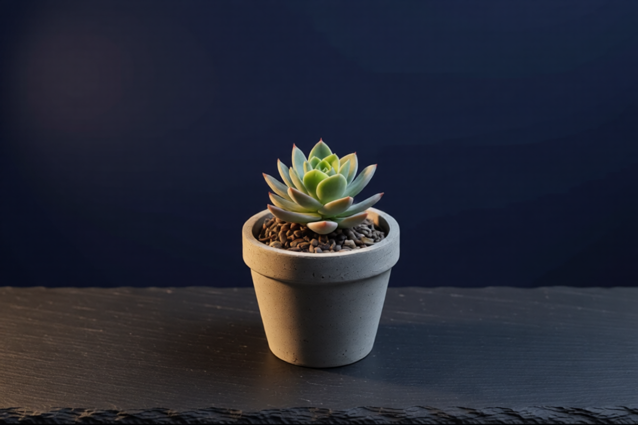 The same succulent on dark slate against a navy background