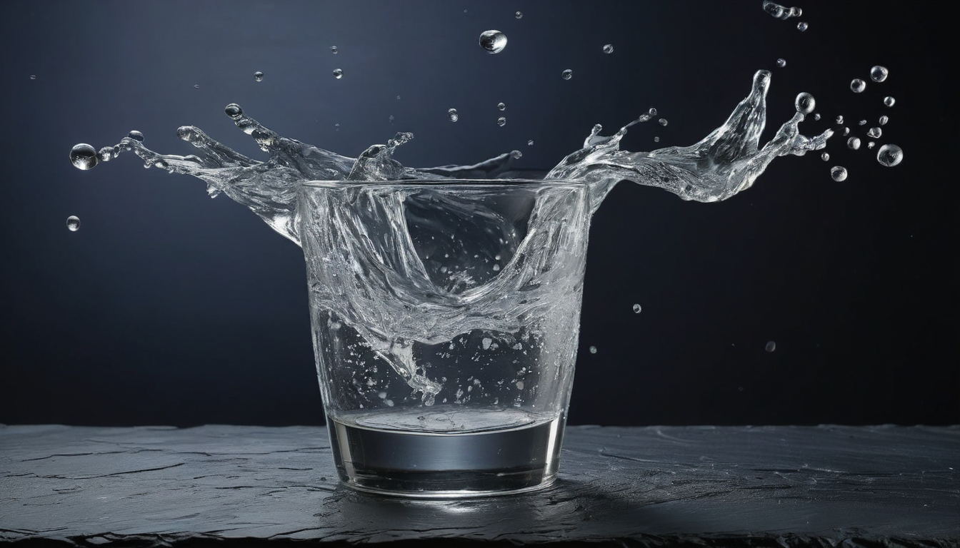 A glass of water frozen mid-fall above a dark desk